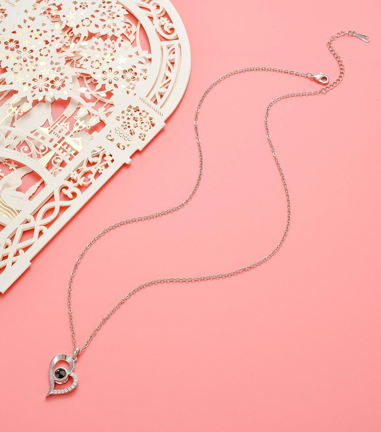 Gold Plated 100 Languages I Love You Memory Necklace Projection Pendant Necklace for Women Silver Tone