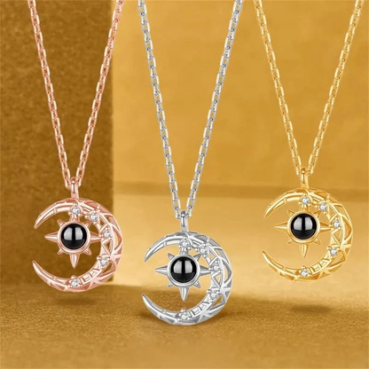 LevNSoul crescent moon photo projection necklace in gold, rose gold, and silver tones