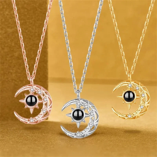 LevNSoul crescent moon photo projection necklace in gold, rose gold, and silver tones